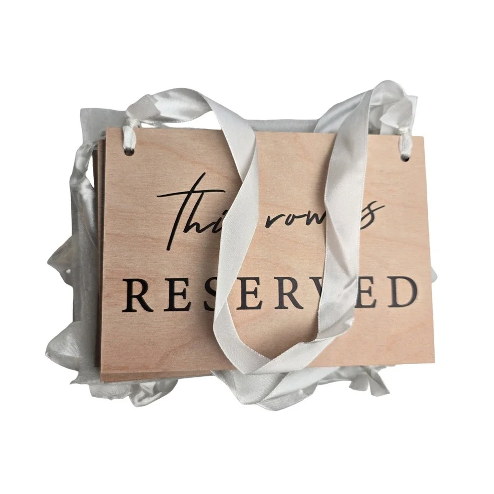 12 Pack Wooden Reserved Row Sign for Wedding Ceremony Natural Wood White Ribbon